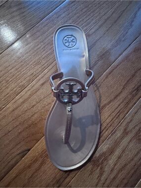 Tory Burch Brown Logo Thong Sandal with Gold Emblem